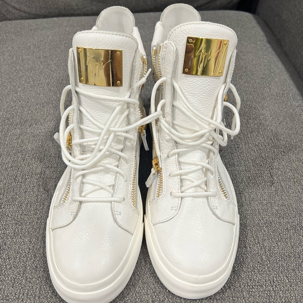 Giuseppe Zanotti White and Gold High-Top Sneakers